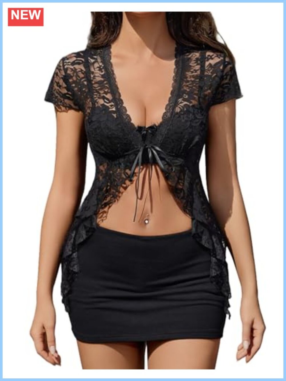 Women's Sheer Lace Shrug Short Sleeve Tie Front Y2K Bolero Crop Top